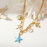 Ion Plating (IP) Real Gold Plated 18K Gold Starfish Heart Shape 304 Stainless Steel Cute Lady Sweet Waterproof Non Tarnish Multi Charms Bracelet Necklace