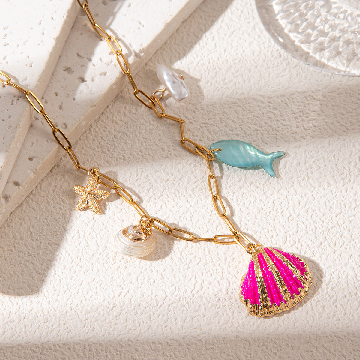 Jewelry Marine Style Conch Shell Fish 304 Stainless Steel 18K Gold Plated Plating Paperclip Chain cable chain Layered Necklaces Multi Charms Necklace