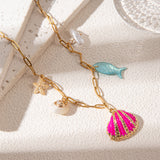 Jewelry Marine Style Conch Shell Fish 304 Stainless Steel 18K Gold Plated Plating Paperclip Chain cable chain Layered Necklaces Multi Charms Necklace