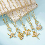Vacuum Plated Copper Starfish Shell Living Mouth Ring Necklace Ocean Turtle Conch Pattern Casual Style Women's Jewelry Accessory