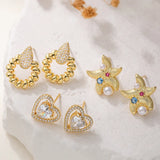 New Fashion Retro Copper Plated 18K Gold Zircon Heart Star Geometric Women's Earrings Versatile Daily Wear Elegant Simple Style
