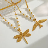 Wholesale Jewelry Casual Elegant Cute Dragonfly Bird 304 Stainless Steel Imitation Pearl 18K Gold Plated PVD Coated Plating Inlay Beaded Chain Paperclip Chain Pendant Necklace