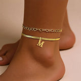 Commuting Versatile 18K Gold Plated Initial Pendant Women's 201 Stainless Steel Heart Chain Snake Chain Anklet Set