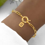 Vacuum Electroplating 18K Real Gold Elegant Fashion Rectangular Hollow Initial Spring Clasp Gold 201 Stainless Steel Paperclip Chain Bracelet for Women