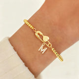 Fashion Classic Micro Pave Zircon Initial Heart Pin Vacuum Electroplated 18K Real Gold Copper Adjustable Women's Bracelet
