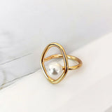 Elegant Geometric Pattern Copper Ring With Electroplated Freshwater Pearl Fashionable Minimalist Style Women's Accessory