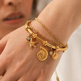 18K Gold Plated Titanium Steel Starfish Conch Shell Bracelet DIY Accessories Plain Ring Beach Style Women's Jewelry Handwear