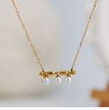 French Triple Pearl Balance Wood Glass Necklace Stainless Steel Note Pendant Clavicle Chain Plated 18K Gold Women's Bracelet