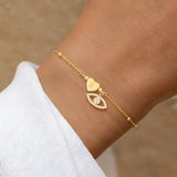 Personalized Casual Micro Pave Zircon Devil's Eye Heart Initial Gold 201 Stainless Steel Ball Chain Women's Bracelet Vacuum Electroplated 18K Real Gold Lobster Clasp Simple Style