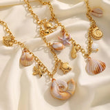 Wholesale Jewelry Vacation Romantic Beach Animal Starfish Shell 304 Stainless Steel Acrylic 18K Gold Plated Plating Inlay cable chain Multi Charms Necklace