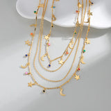 New Women's Bohemian Fashion Long Necklace Multi-Layered Stainless Steel 18K Gold Star Moon Pendant Accessories Jewelry
