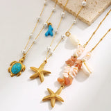 Fashionable New Style Women's Necklace Sea Star Conch Shell Turtle Pearl Unique Jewelry Geometric Pattern Alloy Material