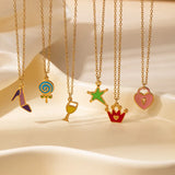 Stainless Steel Colorful Heart Lock Star Drop Oil Stick Candy Necklace Luxury Style Fruit Pattern Electroplated Jewelry Accessories