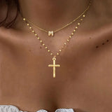 Gold Plated Classic Jesus Cross Micro Paved Zircon Bubble Initial Pendant Stainless Steel Lip Chain Women's Necklace Set