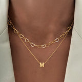 Universal Electroplated 18K Real Gold Simple Fashion Initial Pendant Gold 201 Stainless Steel Chain Heart Chain Necklace Multi-layer Chain Women's Necklace Set