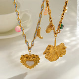 Elegant Gold-Plated Stainless Steel Resin Heart Leaf Pendant Necklace Cotton Thread Chain Simple Casual Jewelry For Women