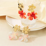 Double Flower Stud Earrings Women's Stylish Colorful Stainless Steel Hammered Texture Ear Jewelry Daily Wear Gold Plated 18K