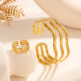 Adjustable Line Shape Metal Feel Design Titanium Steel Jewelry Open Ring And Bracelet Set Wave Pattern Vacuum Plated Accessories