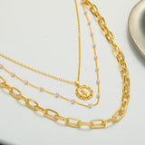Simple Commute Copper Plated 14K Simulated Pearl Tulip Pendant Three Layer Necklace Vintage Sweet Classic Style Lobster Clasp