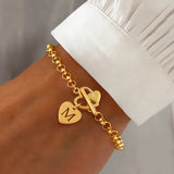 Elegant Fashion Heart-shaped Initial Heart-shaped Clasp 18K Gold Plated Gold 201 Stainless Steel Chain Bracelet for Women Simple Style