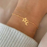 Fashion Simple Star Initial Moon Pendant Women's Gold Stainless Steel Bead Chain Lobster Clasp Bracelet 18K Gold Plated