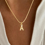 Simple Classic Micro Pave Zircon Initial Pendant Gold Box Chain Women's Necklace Vintage Style 18K Gold Plated Copper