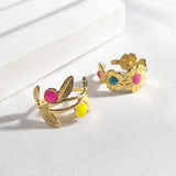 Oil Drop Vacuum Plating 18K Real Gold 304 Stainless Steel Ring Vintage Tree Leaf Flower Women's Open Ring
