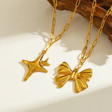 Fashionable Luxury 18K Gold Plated Stainless Steel Butterfly Knot Star Pendant Necklace Casual Romantic Commute Style Lobster Clasp