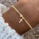 Elegant Classic Heart Shaped Initial Cross Copper Bead Adjustable Chain Bracelet For Women Vintage Romantic Simple Style