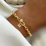 Personalized Fashion Micro Inlaid Zircon Initial Heart Pin Women's 201 Stainless Steel Chain Bracelet Universal Electroplated 18K Real Gold Lobster Clasp