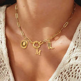 Classic Retro Initial Western Cowboy Boots Hat Gold Spring Buckle Stainless Steel Paperclip Chain Women's Necklace